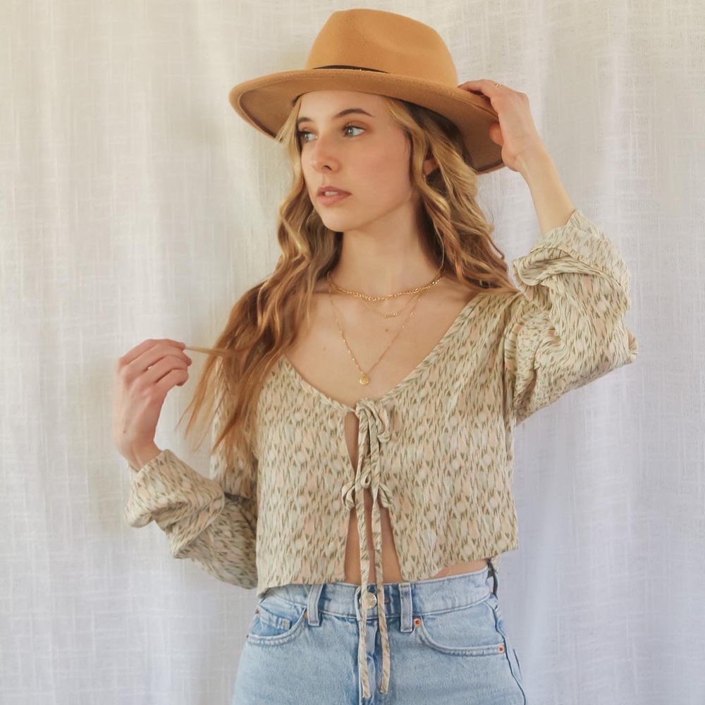 Bell sleeve tie front cropped blouse